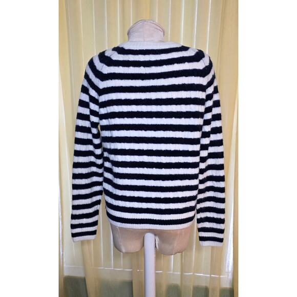 J.Crew Women M Wool Blend Striped cable knit sweater Side buttons Navy Blue - Picture 3 of 6